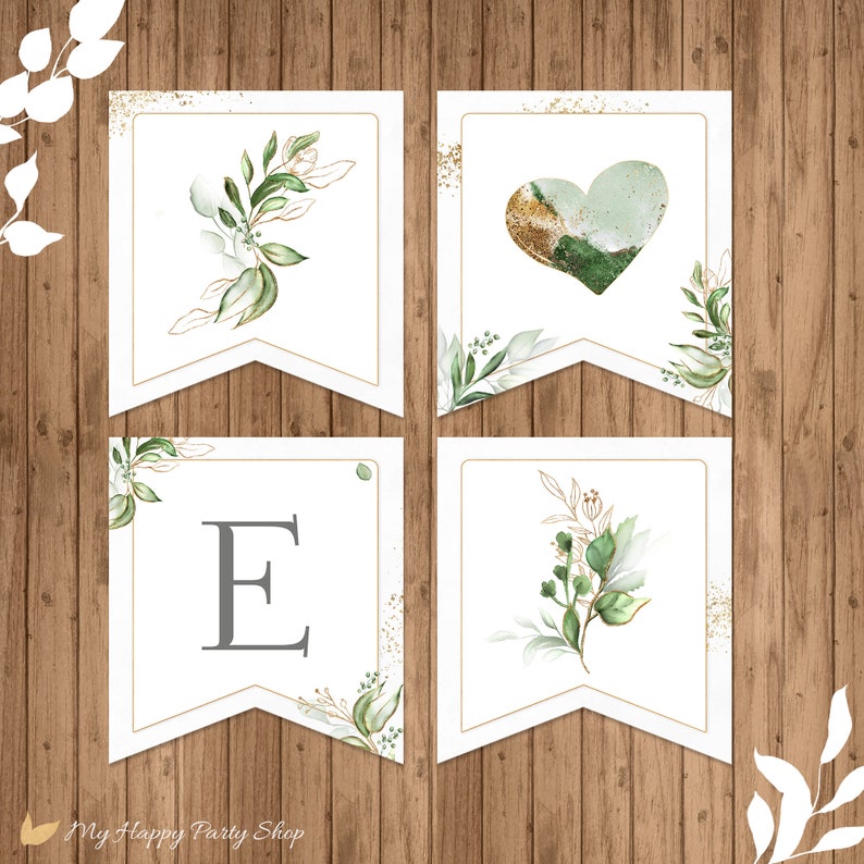 Puede incluir: Bandera imprimible verde y dorada con la letra E y un coraz&oacute;n con un dise&ntilde;o dorado y verde. La bandera es perfecta para una boda u otro evento especial.