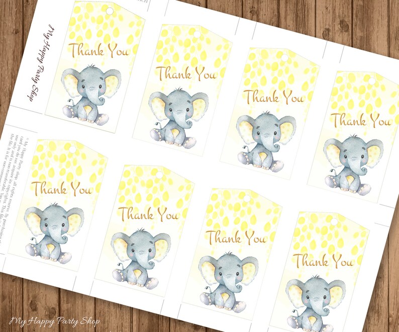 Yellow Elephant Thank You Tags PRINTABLE Elephant Party - Etsy