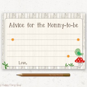 Cartão de conselhos para chá de bebê da Woodland - IMPRIMÍVEL, pássaro. Conselhos para o cartão da mamãe, jogos para chá de bebê, download instantâneo, chá de floresta - BSU001