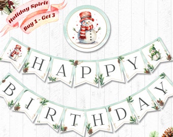 Banner de feliz cumpleaños, IMPRIMIBLE, cumpleaños de invierno, decoración de fiesta de invierno, cumpleaños de Navidad, bosque, DESCARGA INMEDIATA, archivo digital - BSU081
