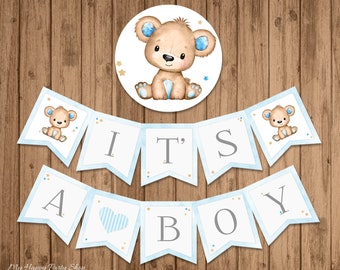 Teddy Bear Baby Shower Banner, PRINTABLE,  It's a Boy Baby Shower Banner, Baby Boy Banner, INSTANT DOWNLOAD - Digital (10 Flags) - BSU063BB