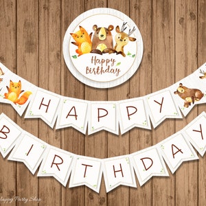 Banner di Buon Compleanno Woodland, STAMPABILE, Primo Compleanno. Banner Animali, Animali della Foresta, DOWNLOAD IMMEDIATO, File digitale - BSU053
