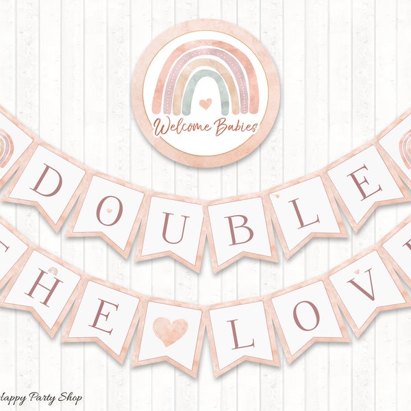 Twins Baby Shower Banner, PRINTABLE, Welcome Babies, Blush Rainbow. Double The Love Banner, Boho, INSTANT DOWNLOAD - Digital File - BSU069N