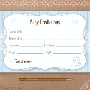 Blauwe kaart babyvoorspelling - AFDRUKBAAR, babyshowerspellen voor jongens, Shabby Chic, lichtblauwe babyshowervoorspellingen, instant download, rustiek