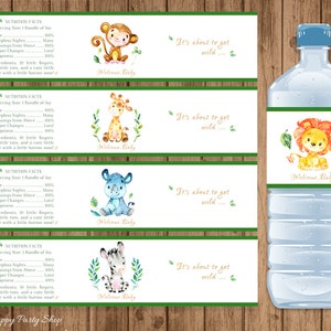 Safari Animals Water Bottle Labels, PRINTABLE, Jungle Baby Decor, Safari Baby Shower, Watercolor, Bottle Wraps, Instant download - BSU062