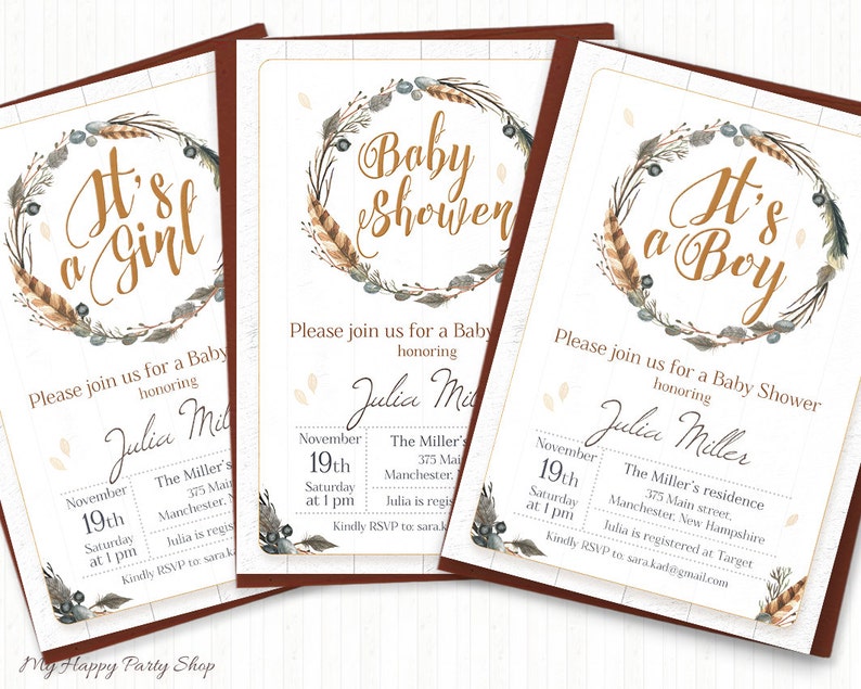 Tribal feather baby shower invitation set BSB006 Boho shower -PRINTABLE digital Invitation, thank you card, book request, diaper raffle