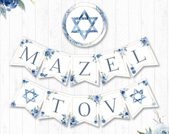 Mazel Tov Banner, PRINTABLE, Bar or Bat Mitzvah, Birthday, Congrats, Baby Shower, Star of David, Digital File- BSB016 - JI