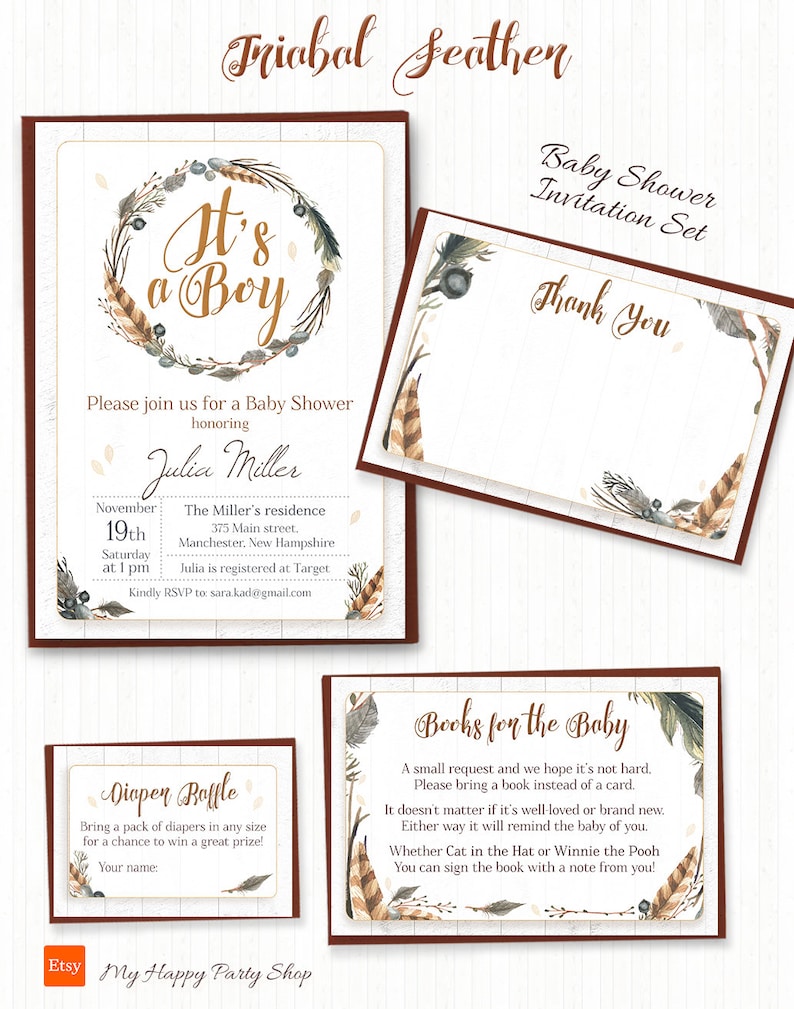 Tribal feather baby shower invitation set BSB006 Boho shower -PRINTABLE digital Invitation, thank you card, book request, diaper raffle