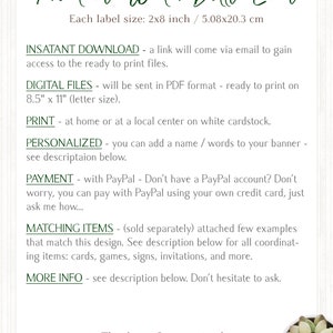 May include: Printable water bottle label design with text. Each label is 2x8 inches. The design includes instructions for instant download, digital files, printing, personalization, payment, and matching items. The text is in a handwritten style font.