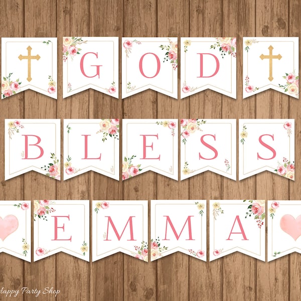 Custom God Bless Banner, PRINTABLE, DIY, Blush Roses, Girl, Baptism Decor, First Communion, Christening, Confirmation, Digital File - BSG016