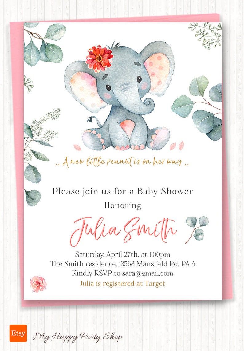 Pink Elephant Baby Shower Invitation Set PRINTABLE Girl Baby Etsy