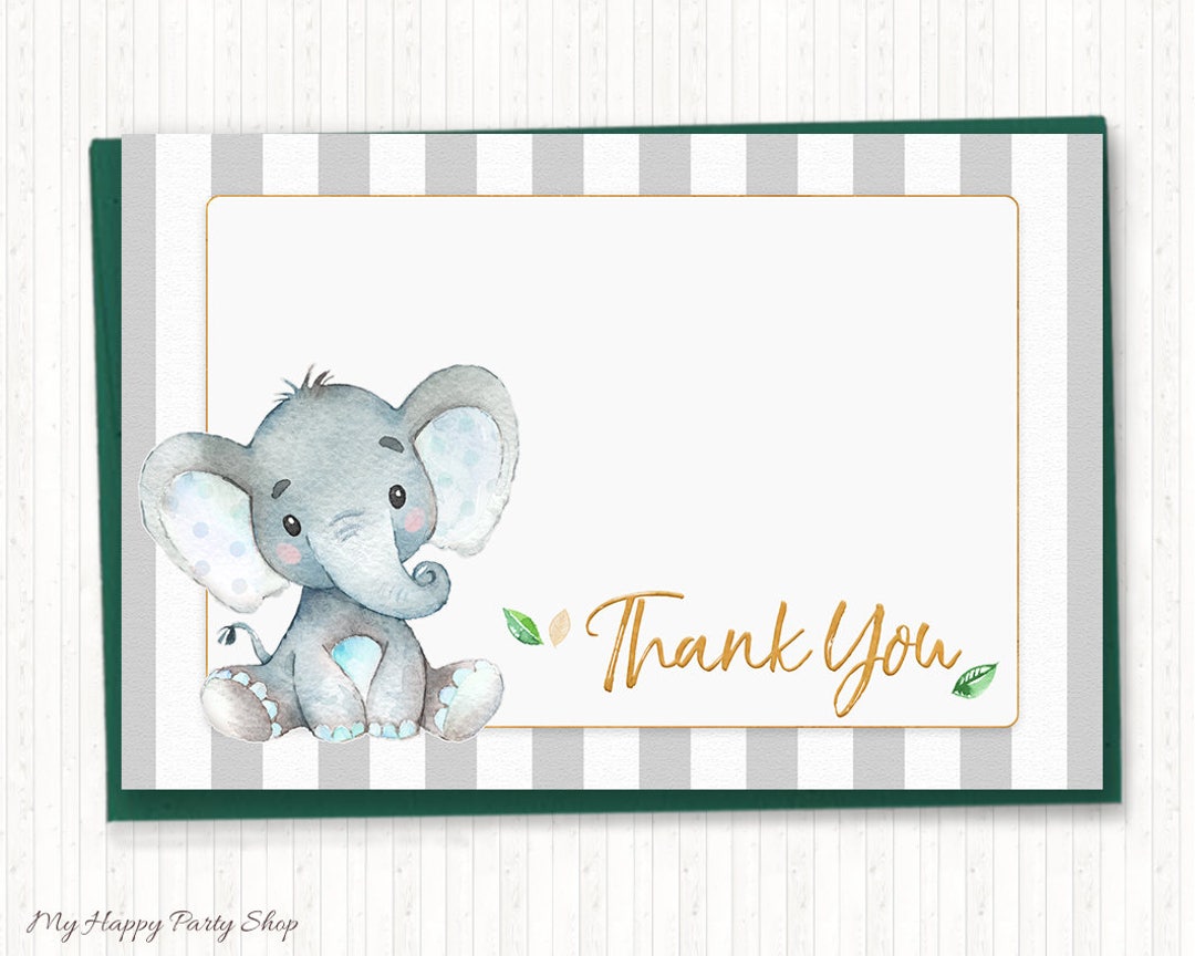 Elephant Thank You Card, Elephant Theme Party Favor, Watercolor, Cute ...