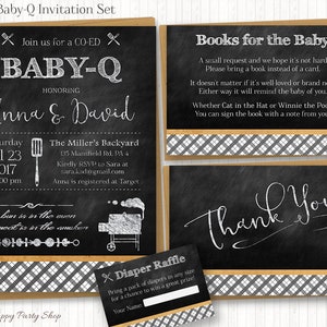 ブラック＆ホワイト BABY-Q ベビーシャワー招待状セット、印刷可能、黒板BBQ、男女混合 - 招待状、記念品カード、ブックカード、おむつ抽選会 - BSU020BW