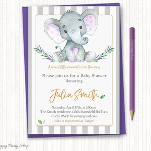 May include: A gray and purple baby shower invitation with a cute cartoon elephant illustration. The invitation reads "A new little peanut is on the way... Please join us for a Baby Shower Honoring Julia Smith Saturday, April 27th, at 1:00pm The Smith residence, 13568 Mansfield Rd. PA 4 Kindly RSVP to sara@gmail.com Julia is registered at Target"