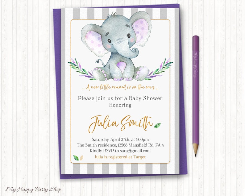 May include: A gray and purple baby shower invitation with a cute cartoon elephant illustration. The invitation reads "A new little peanut is on the way... Please join us for a Baby Shower Honoring Julia Smith Saturday, April 27th, at 1:00pm The Smith residence, 13568 Mansfield Rd. PA 4 Kindly RSVP to sara@gmail.com Julia is registered at Target"
