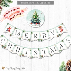 Weihnachtsbanner, DRUCKBAR, Frohe Weihnachten, Weihnachtsfeier Dekor, Weihnachtsgeburtstag, Wald INSTANT DOWNLOAD, digitale Datei - BSU081