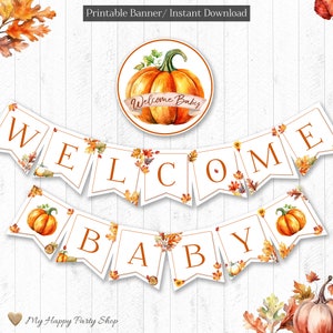 Fall Baby Shower Banner, PRINTABLE, Welcome Baby Banner, Pumpkin Baby Shower Welcome Banner, Autumn, INSTANT DOWNLOAD, Digital File - BSU079