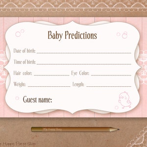 Pink Baby Predictions Card - AFDRUKBAAR, meisjesbabyshowergames, Shabby Chic, roze babyshowervoorspellingen, instant download, rustiek
