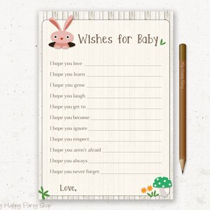 Tarjeta de deseos de animales del bosque para bebé - IMPRIMIBLE, conejito. Baby Shower de animales del bosque, juegos de ducha, tarjeta de deseos de animales del bosque, descarga instantánea - BSU001