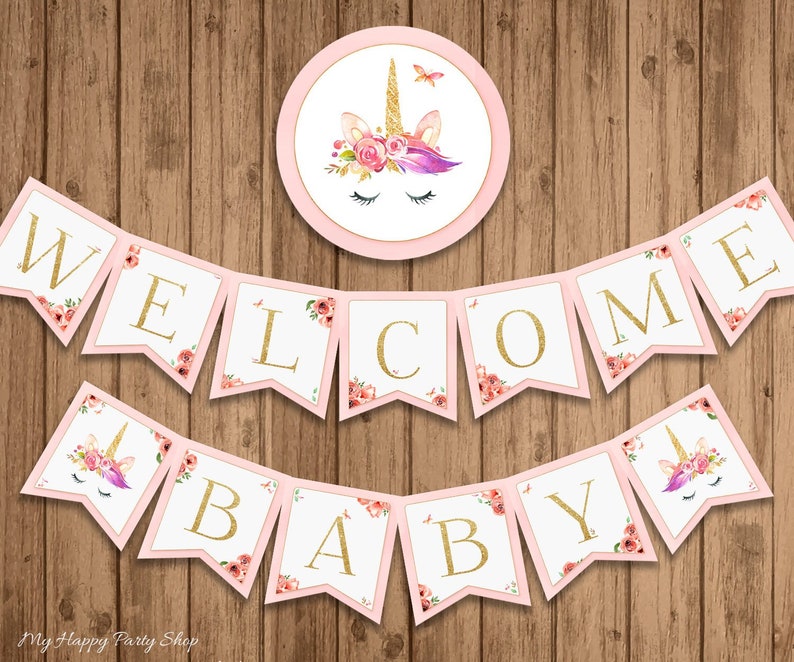Unicorn Baby Shower Banner Printable Welcome Baby Banner Boho Unicorn Floral Unicorn Instant Download Digital File 13 Flags Bsg014