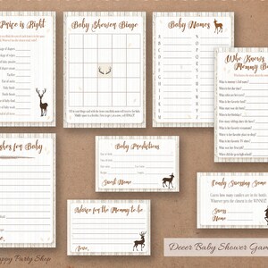 May include: A set of printable baby shower games with a rustic theme. The games include "The Price is Right," "Baby Shower Bingo," "Baby Names," "Who Knows Mommy Best," "Wishes for Baby," "Baby Predictions," "Advice for the Mommy-to-be," and "Candy Guessing Game."