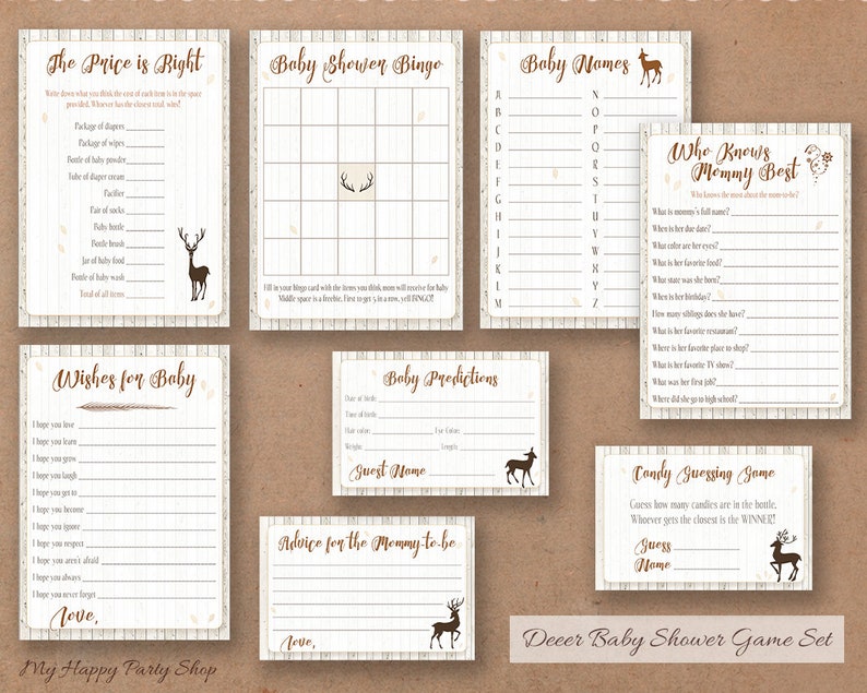 May include: A set of printable baby shower games with a rustic theme. The games include "The Price is Right," "Baby Shower Bingo," "Baby Names," "Who Knows Mommy Best," "Wishes for Baby," "Baby Predictions," "Advice for the Mommy-to-be," and "Candy Guessing Game."