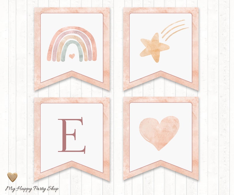 May include: A set of four printable pennant banners with a watercolour design. The banners feature a rainbow, a star, a heart, and the letter E.