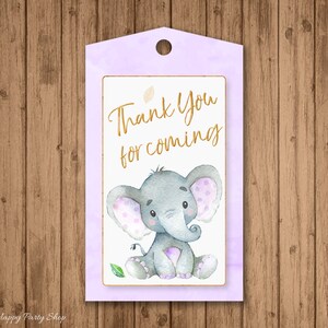 May include: Purple thank you tag with a gold "Thank you for coming" message and a watercolor illustration of a gray elephant with purple polka dots.