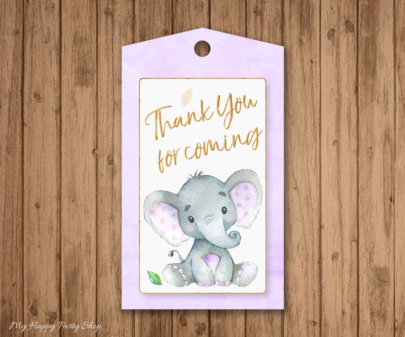 May include: Purple thank you tag with a gold "Thank you for coming" message and a watercolor illustration of a gray elephant with purple polka dots.
