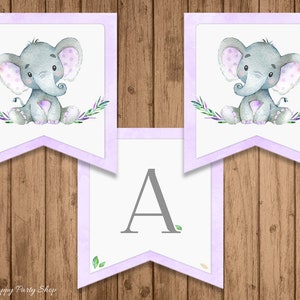 May include: Purple and white banner with a gray elephant illustration and the letter A. The elephant has pink polka dots and is sitting on a bed of lavender.