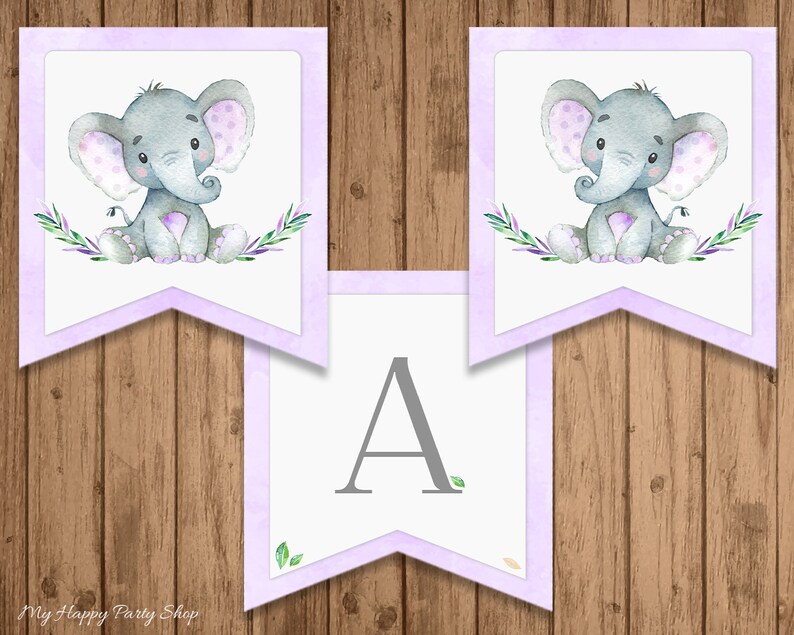 May include: Purple and white banner with a gray elephant illustration and the letter A. The elephant has pink polka dots and is sitting on a bed of lavender.