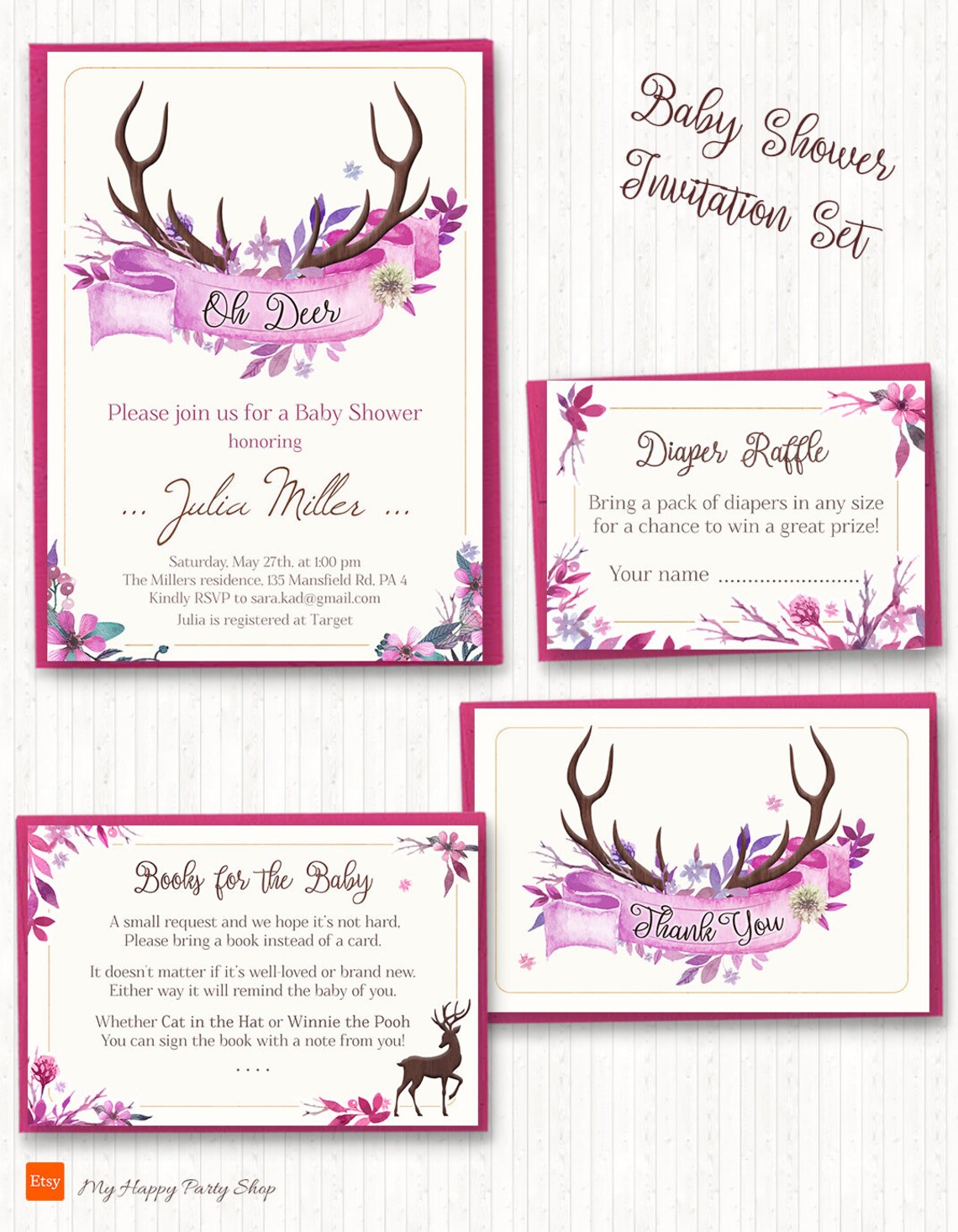Deer Baby shower invitation set PRINTABLE Floral Pink | Etsy