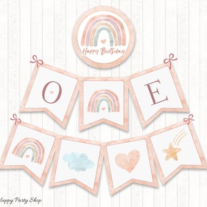 Rainbow Birthday Banner, PRINTABLE, One Banner, First Birthday, Blush Rainbow. Boho Rainbow Bday ...