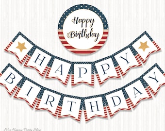 7月4日の誕生日バナー、印刷可能、バーベキュー誕生日デコレーション、赤、白、青のバナー、愛国的な誕生日、即時ダウンロード、デジタル - HI001