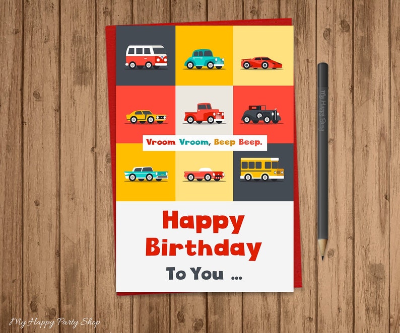 Cartão de feliz aniversário de carros, IMPRIMÍVEL, cartão de felicitações de carros, aniversário de menino, carros retrô, 2º aniversário, 3º aniversário, carros e caminhões - KB007 imagem 1
