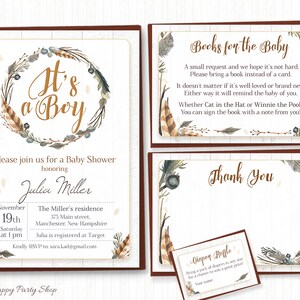 Juego de invitación de ducha de bebé pluma tribal, ducha Boho -PRINTABLE, digital (Invitación, tarjeta de agradecimiento, solicitud de libro, rifa de pañales) BSB006