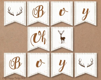 Deer Baby Shower Banner, PRINTABLE, Boy Oh Boy. Woodland, Horns, Antlers, Boy Shower - INSTANT DOWNLOAD, Digital file (10 Flags) - BSB005
