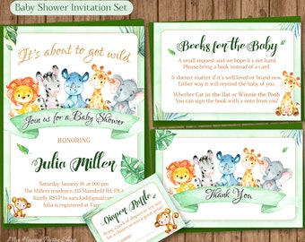 Safari Shower Invitation Set, PRINTABLE, Jungle Animals, Digital File - Invitation, favor card, book request, diaper raffle - BSU062