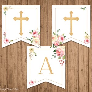 Custom God Bless Banner, PRINTABLE, DIY, Blush Roses, Girl, Baptism ...