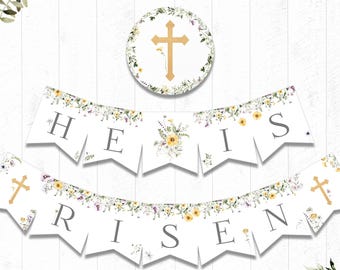 Banner de Él ha resucitado / Banner de Pascua / imprimible / Decoración de Pascua / Conejito de Pascua / Banner de primavera / Descarga instantánea / Archivo digital / BSU073