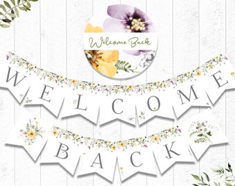 Banner de bienvenida, imprimible, floral, para fiesta de bienvenida, acuarela, descarga instantánea, digital - BSU073