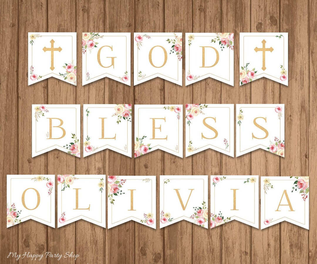 Custom God Bless Banner, PRINTABLE, DIY, Blush Roses, Girl, Baptism ...