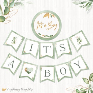 It&#39;s a Boy Banner, PRINTABLE, Olive Green Welcome Baby, Sage Baby Shower Decor, Green Leaves, INSTANT DOWNLOAD - Digital File - BSU076