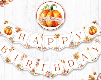 Pumpkin Birthday Banner, PRINTABLE, Fall Birthday Banner, Happy Birthday Banner, Autumn, 1st Bday, INSTANT DOWNLOAD, Digital File - BSU079