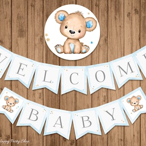 Banner per baby shower con orsetto di peluche, STAMPABILE, Benvenuto bambino, striscione per neonato, è un maschio, DOWNLOAD IMMEDIATO - Digitale (14 bandierine) - BSU063BB