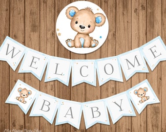 Teddy Bear Baby Shower Banner, PRINTABLE, Welcome Baby, Baby Boy Banner, It's a Boy, INSTANT DOWNLOAD - Digital (14 Flags) - BSU063BB