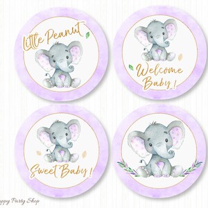 May include: Four 2-inch round purple and white baby shower stickers with a cute gray elephant illustration. The stickers say "Little Peanut", "Welcome Baby!" and "Sweet Baby!"