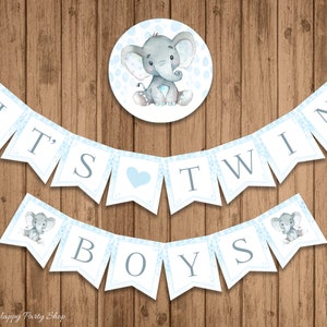It's Twin Boys Banner - Printable, Twins Baby Shower Banner, Elephant ...