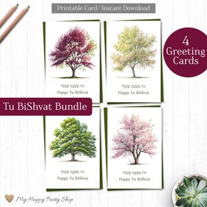 Puede incluir: Conjunto de cuatro tarjetas de felicitación imprimibles con ilustraciones de árboles en acuarela con el texto "Happy Tu Bishvat" en hebreo e inglés. Las tarjetas son perfectas para celebrar la festividad judía de Tu Bishvat, también conocida como el Año Nuevo de los Árboles.
