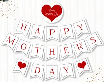 Happy Mothers Day Banner, PRINTABLE, Mothers Day Decoration, Red Heart, Best Mom, INSTANT DOWNLOAD, Digital File - AM006